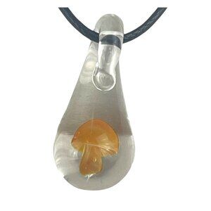 Glass Mushroom Pendant Necklace With Black Cord & Adjustable Chain Whimsical